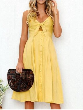 NWT Ecowish Yellow Tie-Front Button Down Midi Spring Summer Sun Dress Retro Med